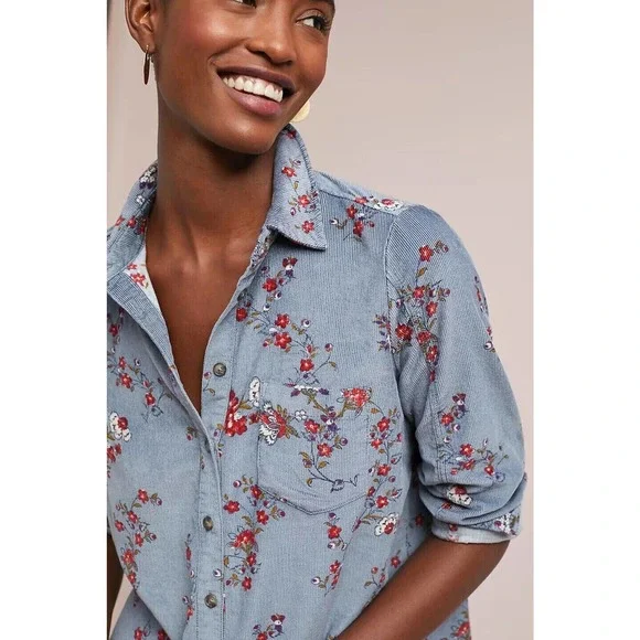 Anthropologie Building 18 Corduroy Floral Button Down Shirt Women's Size 6 Top - Picture 3 of 10